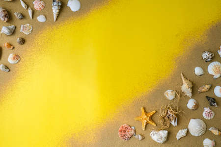 Composition frame for copy space, seashells, pebbles, mockup on yellow sand background. Blank, top...
