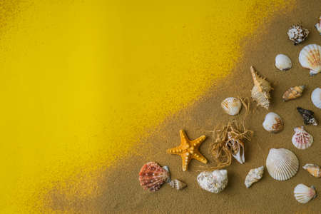 Composition frame for copy space, seashells, pebbles, mockup on yellow sand background. Blank, top...