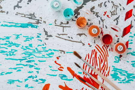 Acrylic paints on numbered canvas. Picture by numbers. Creative hobby. Painting for beginners....