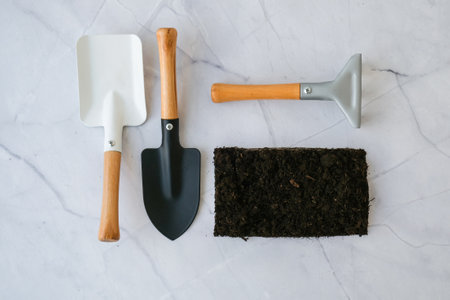 Garden tools. Gardening tools on concrete background flat lay. Plant flowers for garden. Tools spade, fork, hand cultivator, hoe and pot with soil. Spring plantingの写真素材