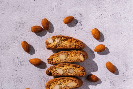 Homemade fresh Italian cookies cantuccini stacks and organic almond seeds. Biscotti Cantuccini Cookie Biscuits with Almonds Shortbread. Healthy eating food. Vegan dieting vegetarianの写真素材