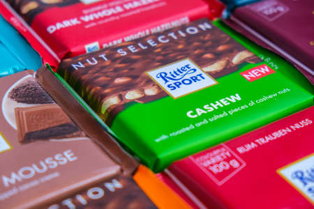 Kiev Ukraine - October 2021 chocolate Ritter Sport bars. German chocolate, different tastes. Square...