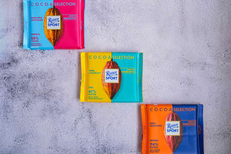 Kiev Ukraine - October 2021 COCOA SELECTION taste. Dark natural Chocolate Ritter Sport bar German chocolate, different types tastes. Square chocolate Bar made by Alfred Ritter GmbH Coのeditorial素材