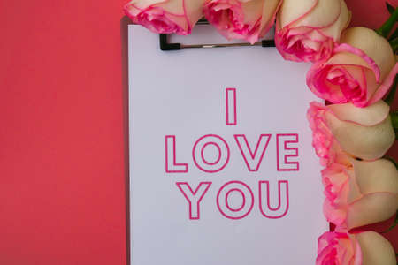 I LOVE YOU greeting card on paper note. Delicate pink roses on pink background. Minimal trendy...