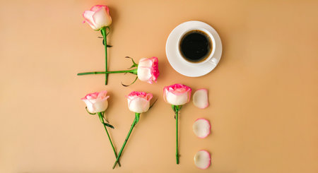 Word LOVE made of Tender pink roses flowers and coffee cup on beige background. love concept. flat lay. minimal composition. Romantic pastel pink rose flower. modern aesthetic. Neutral earth tones. Holiday morning breakfast Creative Greeting card backgroundの写真素材