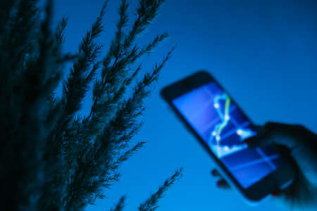 Defocused Woman holding mobile phone, block chain with graph of stock market background, cryptocurrencies or bitcoin concept. Night light. Futuristic stock exchangeの写真素材