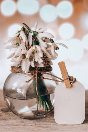 Bouquet of snowdrops in a glass vase with water. Copy space for text. Early spring flowers. Mock up with a tagの写真素材