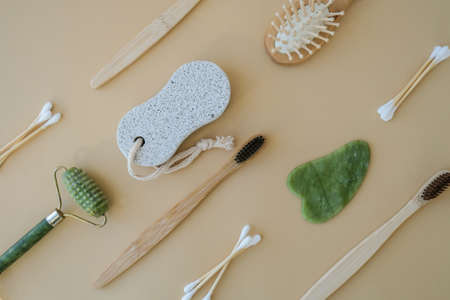 Natural skin care products on neutral beige background, flat lay. Concept of organic, zero waste, eco friendly cosmetics Spa Background Sustainable lifestyle Earth tonesの写真素材