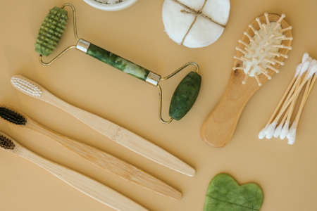 Natural skin care products on neutral beige background, flat lay. Concept of organic, zero waste, eco friendly cosmetics Spa Background Sustainable lifestyleの写真素材