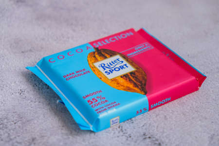 Kiev Ukraine - October 2021 COCOA SELECTION taste. Dark natural Chocolate Ritter Sport bar German chocolate, different types tastes. Square chocolate Bar made by Alfred Ritter GmbH Coのeditorial素材