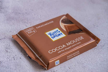 Kiev Ukraine - October 2021 COCOA MOUSSE taste. Chocolate Ritter Sport bar German chocolate, different types tastes. Square chocolate Bar made by Alfred Ritter GmbH Coのeditorial素材
