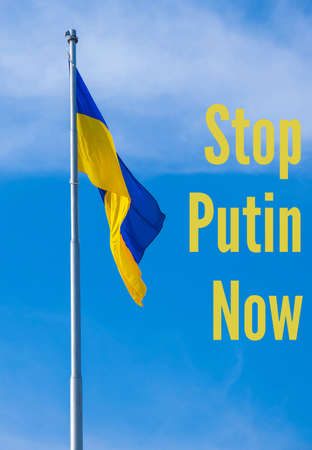 Kiev Ukraine february 2022 STOP PUTIN NOW text on Ukrainian national flag flutters in the wind...