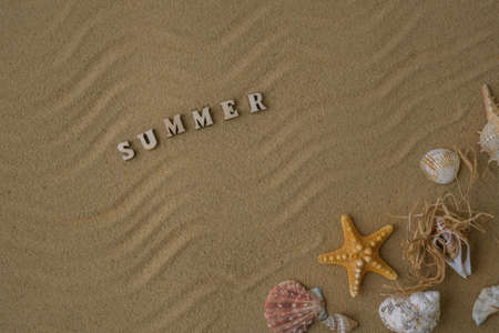 Composition with text SUMMER seashells, pebbles, mockup on sand background. Blank, top view, still life, flat lay. Sea vacation travel concept tourism and resorts. summer holidaysの写真素材