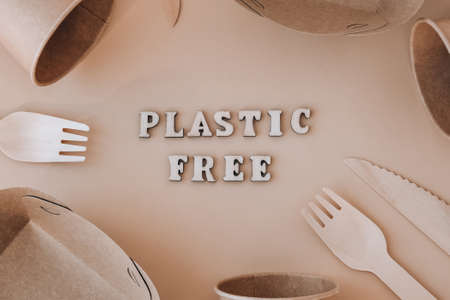 PLASTIC FREE text around Eco friendly, disposable, recyclable, compostable tableware. Paper food...