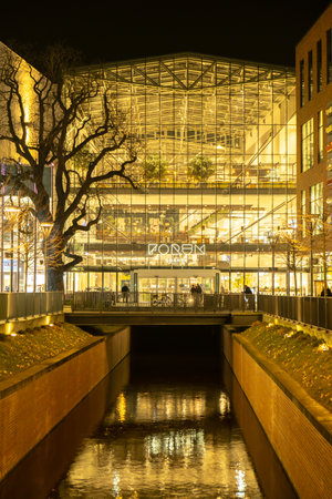 Gdansk Poland - April 2022. Forum gallery shopping mall at night. Modern shopping and entertainment centre. Architecture in the city center of Gdanskのeditorial素材