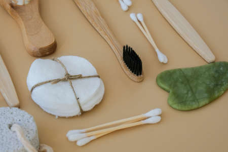 Natural skin care products on neutral beige background, flat lay. Concept of organic, zero waste, eco friendly cosmetics Spa Background Sustainable lifestyle Earth tonesの写真素材