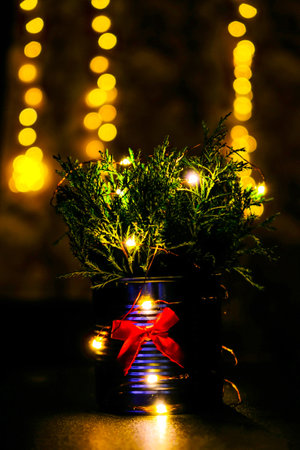 Christmas decorated eco christmas tree in metal jar with bokeh lights on background in living room at night. Zero waste decorations. Winter holiday atmosphere Festive christmas and new year cozy timeの写真素材