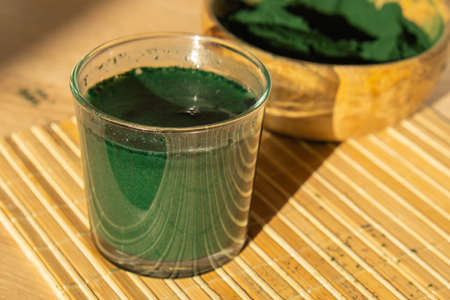 Blue-green algae Chlorella and spirulina powder. Super powder. Natural supplement of algae. Detox...