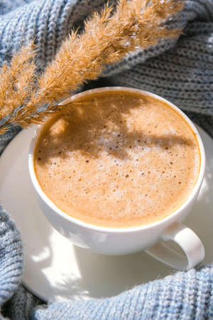 Pampas grass and white cup with coffee on blue sweater. Drinking Cappuccino in the morning at home. flat lay. wallpaper. Aesthetics. Autumn morning concept Cozy homeの写真素材