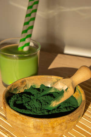 Blue-green algae Chlorella and spirulina powder. Super powder. Natural supplement of algae. Detox...