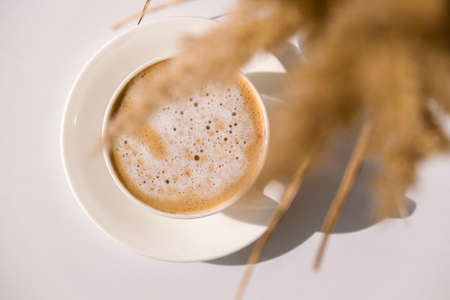 Pampas grass and white cup with coffee. Drinking Cappuccino in the morning at home. flat lay....