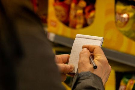 Female hands holding paper notebook of shopping list, blurred shelves on background. Partial view of...