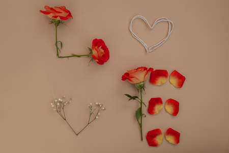 Word LOVE made of Tender red roses flowers and heart rope on beige background. love concept. flat...