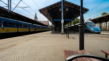 Gdansk Poland May 2022 trains at Gdansk Glowny railway station. Polish intercity train. Travel...