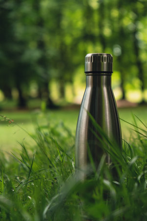 Water bottle. Reusable steel thermo water bottle on green grass. Sustainable lifestyle. Plastic free zero waste free living. Go green Environment protectionの写真素材