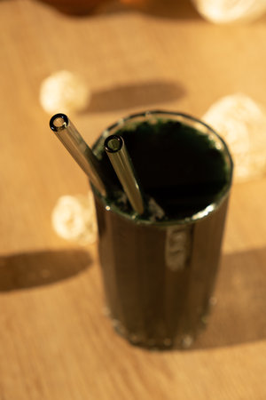 Blue-green algae Chlorella and spirulina powder. Super powder. Natural supplement of algae. Detox superfood drink cocktail. Food supplement source of protein and beta caroteneの写真素材