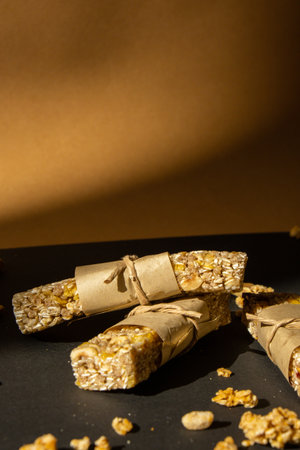 Homemade Granola energy bar. Variety of homemade protein granola breakfast bars with nuts, raisins dried cherries and chocolate. Healthy nutrition eating Gluten free cereal dieting snack super foodの写真素材