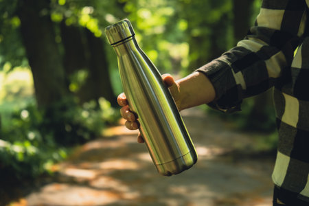 Close-up of Unrecognizable female hand holding Water bottle. Reusable steel thermo water bottle in park. Sustainable lifestyle. Plastic free zero waste free living. Go green Environment protection. Woman drinking water in parkの写真素材