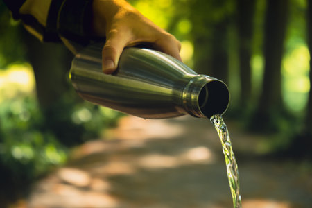 Close-up of Unrecognizable female hand holding Water bottle. Pouring clean water Reusable steel...