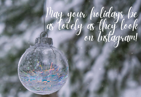 May your holidays be as lovely as they look on social media Inspiration joke quote phrase Transparent trendy glass Christmas ball on snowy branch firs in winter forest. Winter holiday background. Happy new year Merry Christmas greeting card. Snow falling in backgroundの写真素材