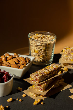 Homemade natural Granola energy bar. Variety of homemade Protein granola breakfast bars ingredients nuts, raisins dried cherries and chocolate. Healthy nutrition eating. Gluten free cereal dieting snack super food Sport oatmeal bar Vegan dessert conceptの写真素材