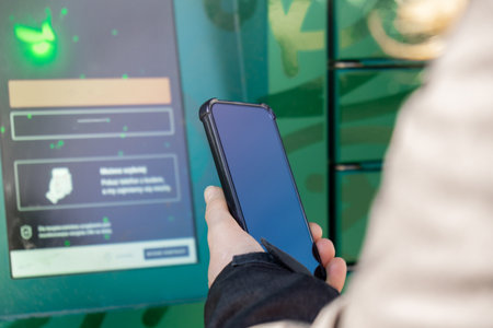 Female hand holding mobile phone next to Parcel locker Collecting parcel from shopping locker. Woman...