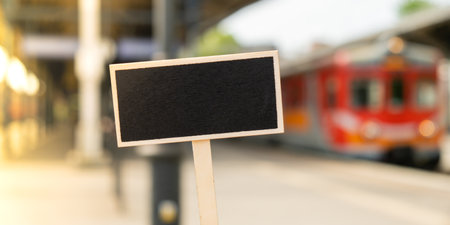 Empty mockup template Blackboard label against defocused background railway station with locomotive. Advertisement Eco Transportation Concept Eco-friendly modes of transport Copy space for text. travel tourism concept. people travelingの写真素材