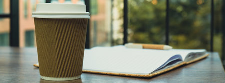 Hot latte coffee in craft recycling paper cup with paper notebook. A take away paper cup on cafe table. Freelance Workspace notebook with coffee for productive work and study. Working comfortably. Empty workspace. Blurred background. Mockup Coffee break. Online job or studying co-working spaceの写真素材