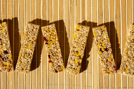 Homemade Granola energy bar. Variety of homemade protein granola breakfast bars, with nuts, raisins...