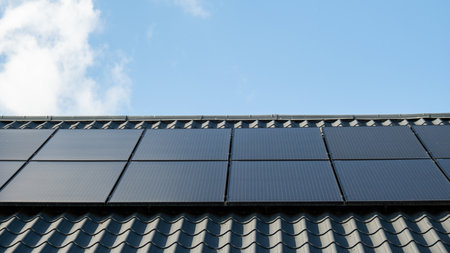 New ecologic house with solar panels Alternative to conventional energy. The battery is charged from a solar cell Advertisement Green energy Sustainable life Renewableの写真素材