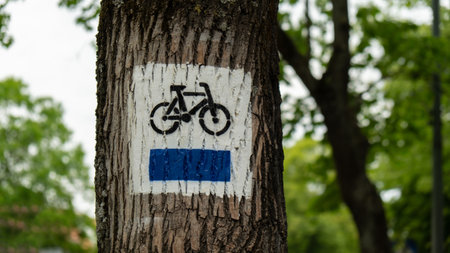 Bicycle route sign on tree in the forest. Blue path cycling road sign in the woods on trunk. The blue trail. Marking the tourist trailの写真素材