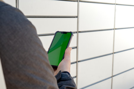 Female hand holding mobile phone with green screen chroma key next to Parcel locker Collecting parcel from shopping locker. Woman Skans QR Code on Mobile phone Self-service Locker Cell with Bar code Reader Modern Shipping and Delivery Concept with Contactless Automated Postal Boxの写真素材