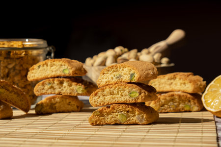Biscotti Cantuccini Cookie Biscuits with pistachios and lemon peel Shortbread. Healthy eating food. Homemade fresh Italian cookies cantucci stacks and organic pistachios nuts. Vegan dietingの写真素材