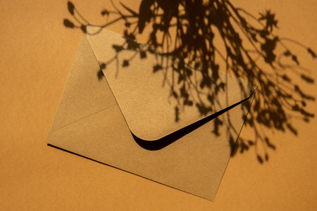 Beautiful little yellow chamomile daisies flowers on postal yellow envelope on beige background,...