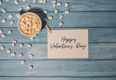 HAPPY VALENTINES DAY text Greeting card with white cup of coffee and marshmallows on wooden blue background. holiday concept. Top view, flat lay minimalistの写真素材