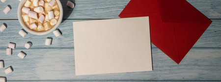 Banner Romantic Valentine day Greeting or invitation card mock up with red envelope with white cup of coffee and marshmallows on wooden background. Blank paper card copy space for your text. Holiday morning. Top view, flat lay minimalist aesthetic luxury bohemian business branding conceptの写真素材
