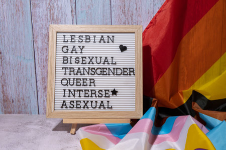 LGBTQIA description frame on Rainbow LGBTQIA flag made from silk material. LESBIAN, GAY, BISEXUAL, TRANSGENDER, QUEER, INTERSEX, ASEXUAL. Symbol of LGBTQ pride month. Equal rights. peace and freedom. Support LGBTQIA community. diversity equalityの写真素材