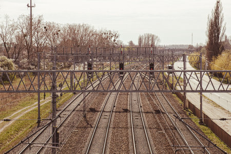 Railway station from above. Reconstructed modern railway infrastructure. The way forward railway for...