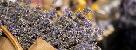 Bouquet of dried flowers lavender in craft paper. Fresh lavender flower greeting bouquet. French provence style flower blossom. Lavender aromatherapy. Drying lavenderの写真素材