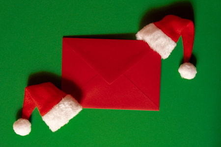 Santa hat with empty paper card note envelope on green background. Copy space for your text. Mock up advertisement. Holiday Christmas composition. Minimalist greeting card. Creativeの写真素材